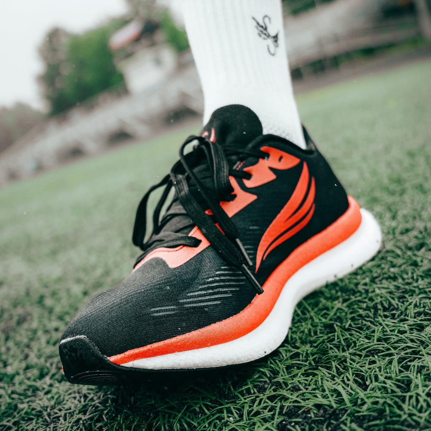 Black and RED athletic shoe on grass